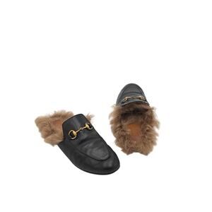 Gucci Princetown Horsebit Fur Lined Flat Loafer Mule Black Leather Size EU 37